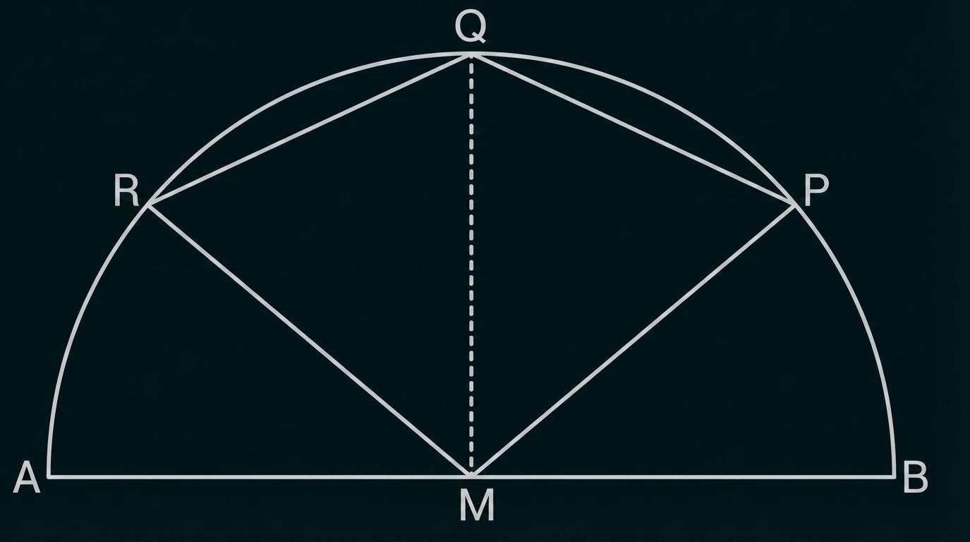 Halbkreis über AB mit Mittelpunkt M, oberem Punkt Q, Punkten R und P und Linien zu M und Q.